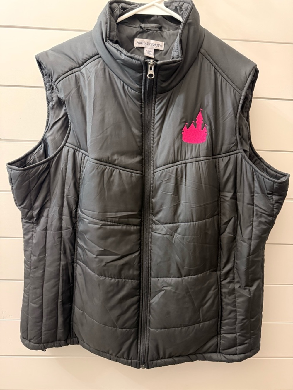Port Authority Black Puffer Vest with Pink Castle Embroidery